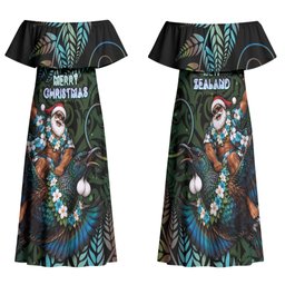 New Zealand Christmas Family Matching Off Shoulder Maxi Dress and Hawaiian Shirt Santa Riding Tui Bird Silver Fern