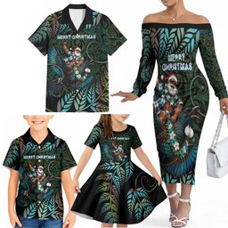 New Zealand Christmas Family Matching Off The Shoulder Long Sleeve Dress and Hawaiian Shirt Santa Riding Tui Bird Silver Fern