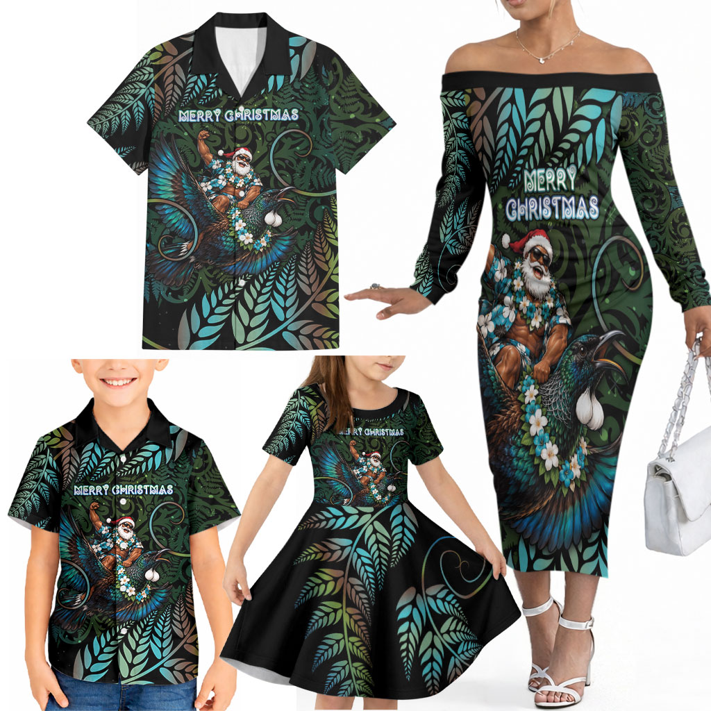 New Zealand Christmas Family Matching Off The Shoulder Long Sleeve Dress and Hawaiian Shirt Santa Riding Tui Bird Silver Fern