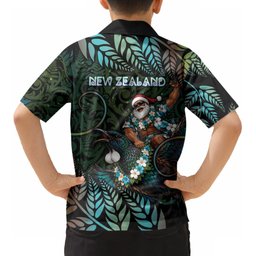New Zealand Christmas Kid Hawaiian Shirt Santa Riding Tui Bird Silver Fern