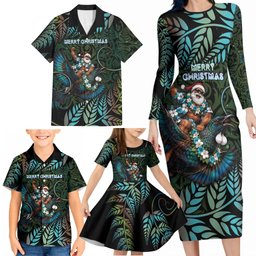 New Zealand Christmas Family Matching Long Sleeve Bodycon Dress and Hawaiian Shirt Santa Riding Tui Bird Silver Fern