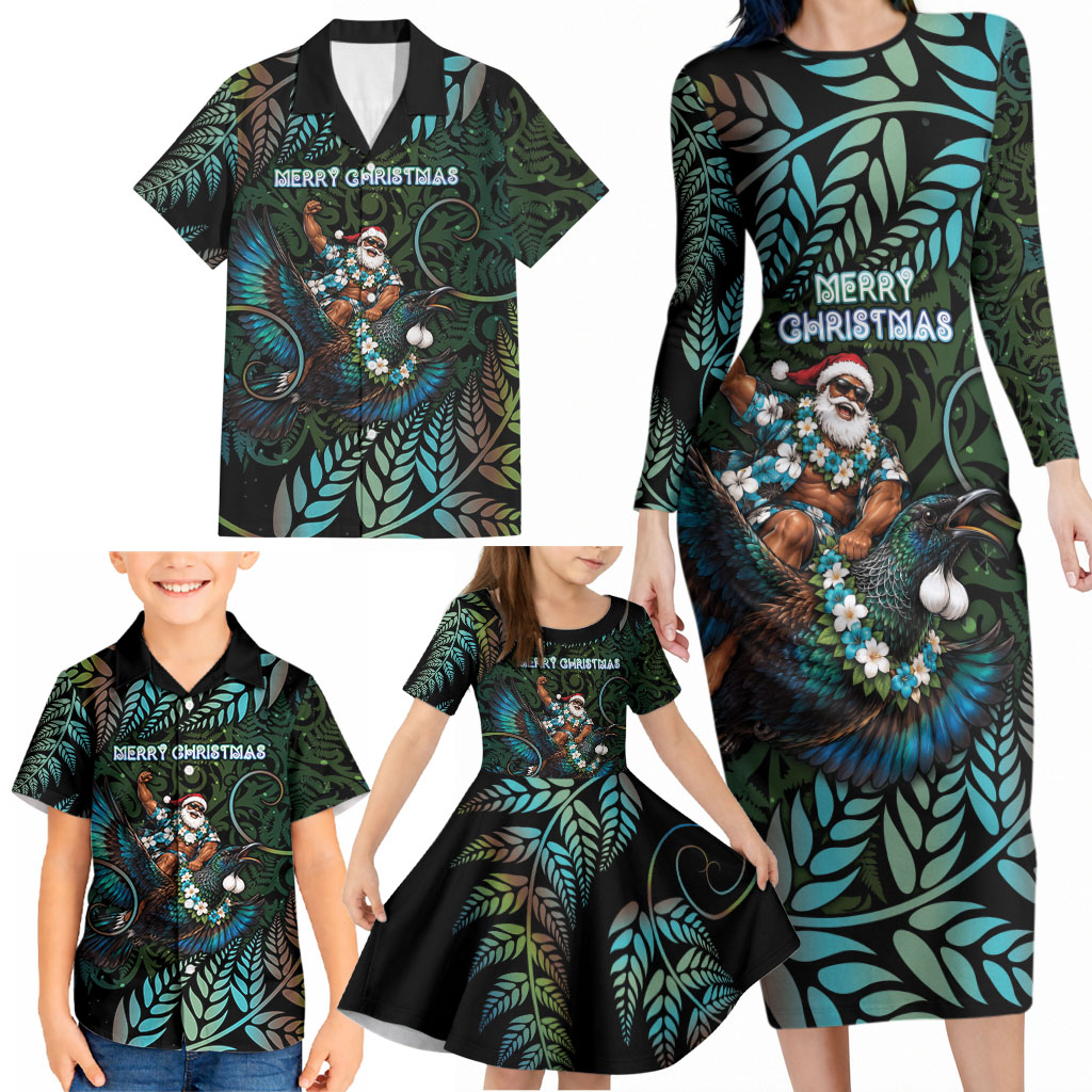 New Zealand Christmas Family Matching Long Sleeve Bodycon Dress and Hawaiian Shirt Santa Riding Tui Bird Silver Fern