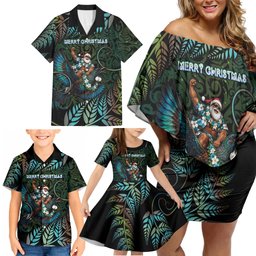 New Zealand Christmas Family Matching Off Shoulder Short Dress and Hawaiian Shirt Santa Riding Tui Bird Silver Fern