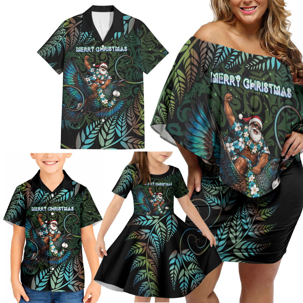 New Zealand Christmas Family Matching Off Shoulder Short Dress and Hawaiian Shirt Santa Riding Tui Bird Silver Fern