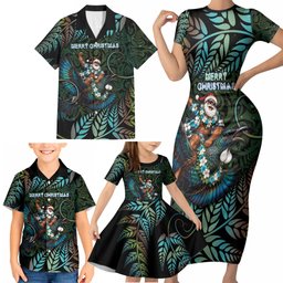 New Zealand Christmas Family Matching Short Sleeve Bodycon Dress and Hawaiian Shirt Santa Riding Tui Bird Silver Fern