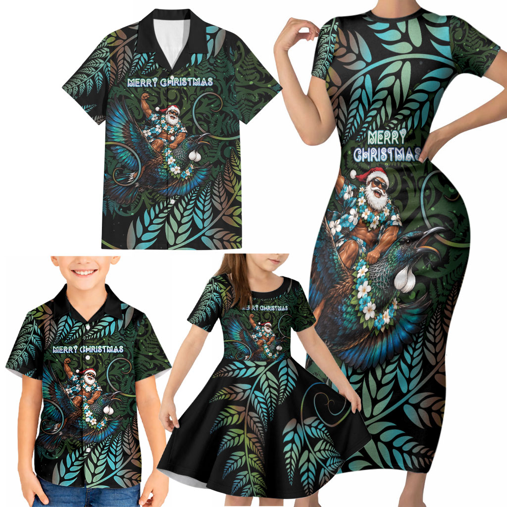 New Zealand Christmas Family Matching Short Sleeve Bodycon Dress and Hawaiian Shirt Santa Riding Tui Bird Silver Fern