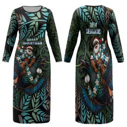 New Zealand Christmas Family Matching Long Sleeve Bodycon Dress and Hawaiian Shirt Santa Riding Tui Bird Silver Fern
