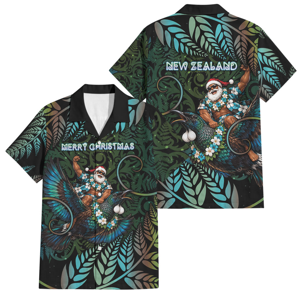 New Zealand Christmas Family Matching Long Sleeve Bodycon Dress and Hawaiian Shirt Santa Riding Tui Bird Silver Fern