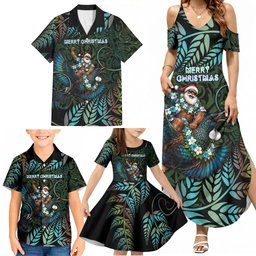 New Zealand Christmas Family Matching Summer Maxi Dress and Hawaiian Shirt Santa Riding Tui Bird Silver Fern
