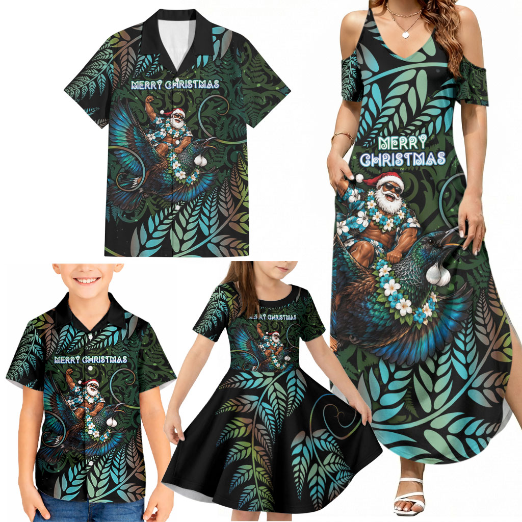 New Zealand Christmas Family Matching Summer Maxi Dress and Hawaiian Shirt Santa Riding Tui Bird Silver Fern