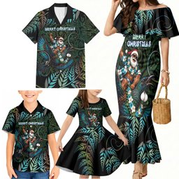 New Zealand Christmas Family Matching Mermaid Dress and Hawaiian Shirt Santa Riding Tui Bird Silver Fern
