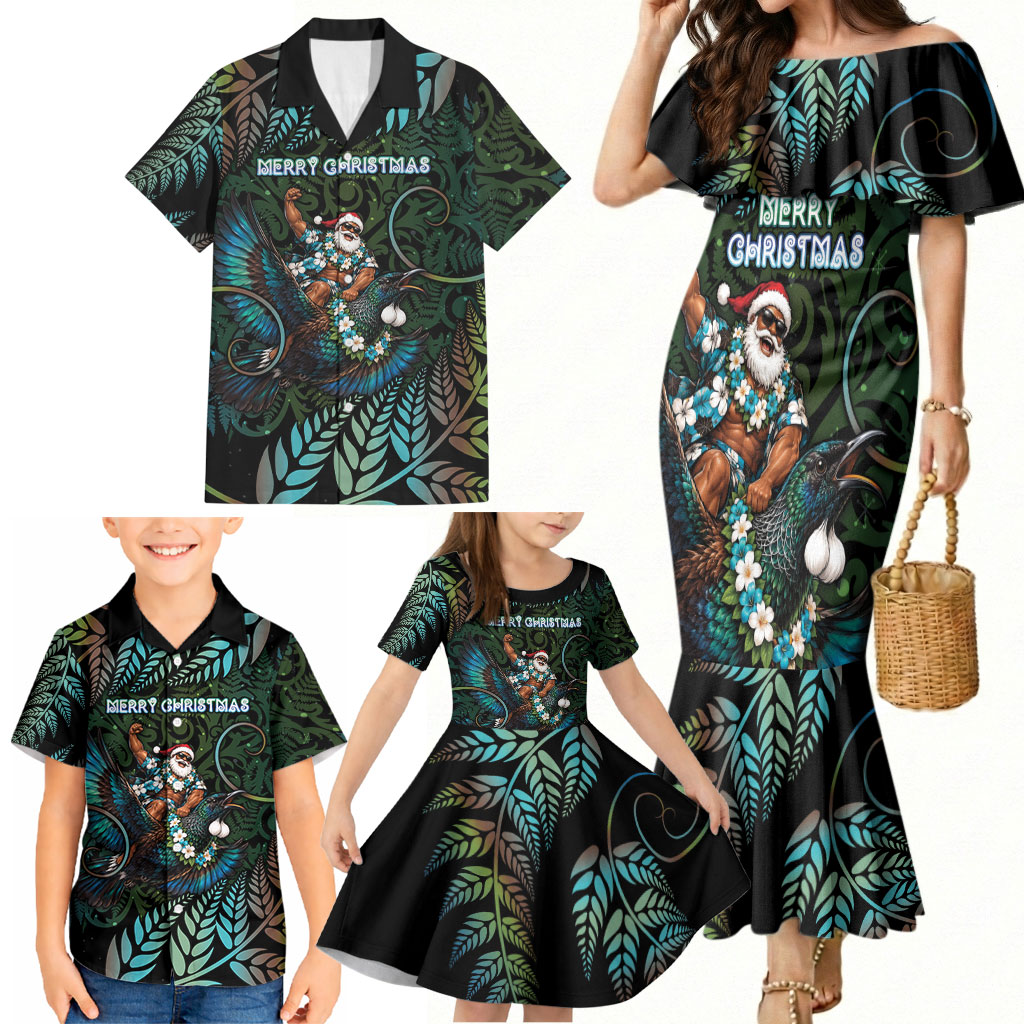 New Zealand Christmas Family Matching Mermaid Dress and Hawaiian Shirt Santa Riding Tui Bird Silver Fern