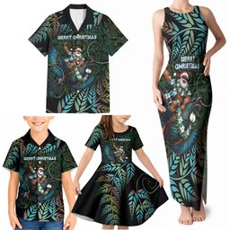 New Zealand Christmas Family Matching Tank Maxi Dress and Hawaiian Shirt Santa Riding Tui Bird Silver Fern
