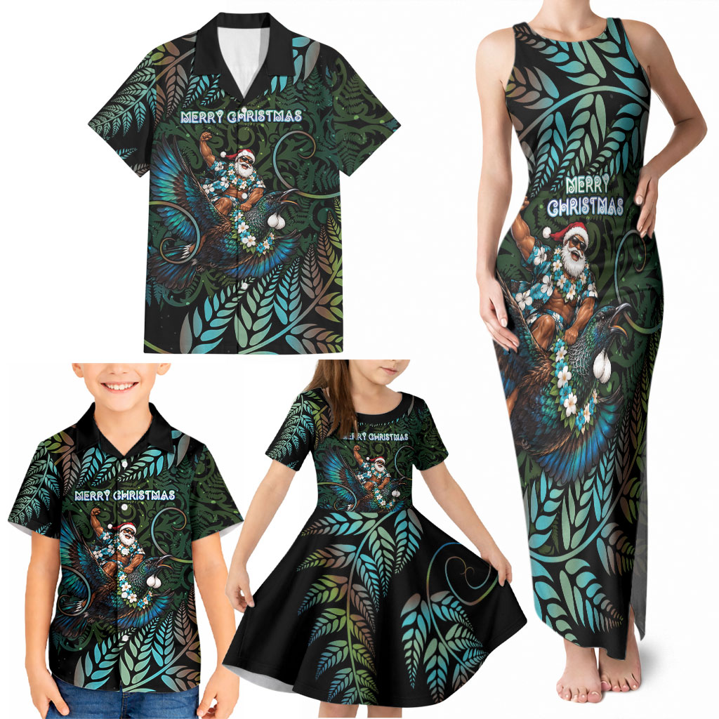 New Zealand Christmas Family Matching Tank Maxi Dress and Hawaiian Shirt Santa Riding Tui Bird Silver Fern