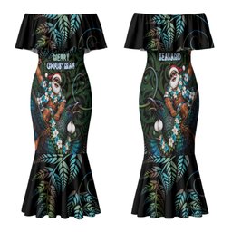 New Zealand Christmas Family Matching Mermaid Dress and Hawaiian Shirt Santa Riding Tui Bird Silver Fern