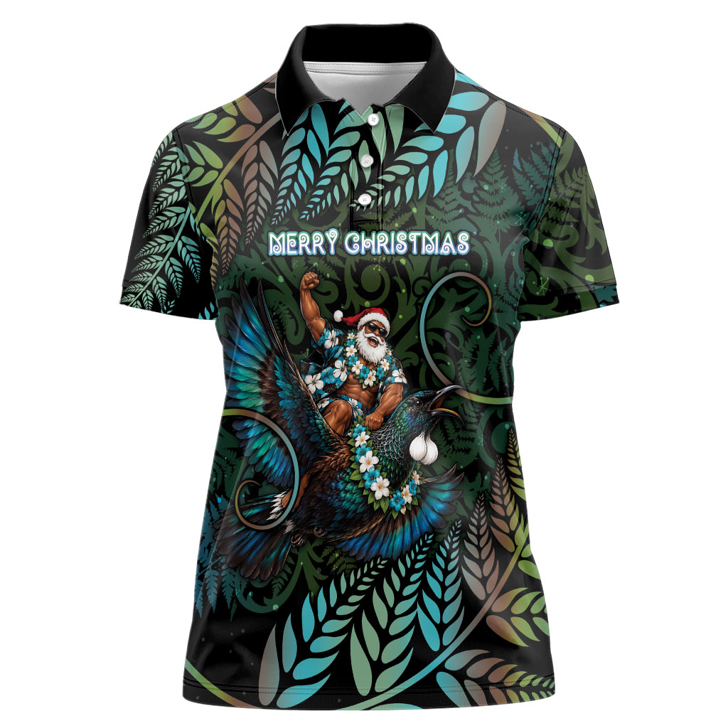 New Zealand Christmas Women Polo Shirt Santa Riding Tui Bird Silver Fern