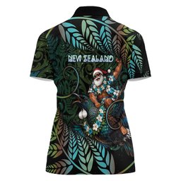 New Zealand Christmas Women Polo Shirt Santa Riding Tui Bird Silver Fern