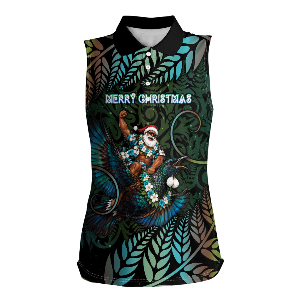 New Zealand Christmas Women Sleeveless Polo Shirt Santa Riding Tui Bird Silver Fern