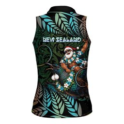 New Zealand Christmas Women Sleeveless Polo Shirt Santa Riding Tui Bird Silver Fern
