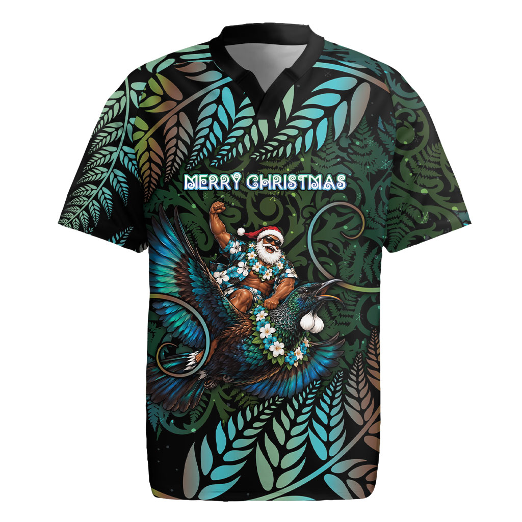 New Zealand Christmas Rugby Jersey Santa Riding Tui Bird Silver Fern