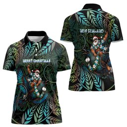 New Zealand Christmas Women Polo Shirt Santa Riding Tui Bird Silver Fern