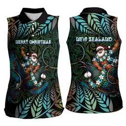 New Zealand Christmas Women Sleeveless Polo Shirt Santa Riding Tui Bird Silver Fern