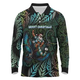 New Zealand Christmas Long Sleeve Polo Shirt Santa Riding Tui Bird Silver Fern