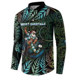 New Zealand Christmas Button Sweatshirt Santa Riding Tui Bird Silver Fern