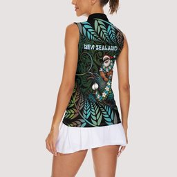 New Zealand Christmas Women Sleeveless Polo Shirt Santa Riding Tui Bird Silver Fern