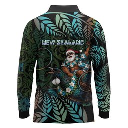 New Zealand Christmas Long Sleeve Polo Shirt Santa Riding Tui Bird Silver Fern