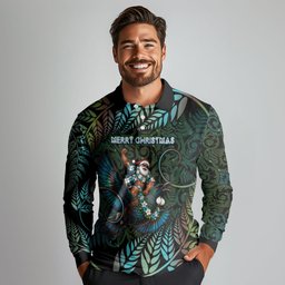 New Zealand Christmas Long Sleeve Polo Shirt Santa Riding Tui Bird Silver Fern