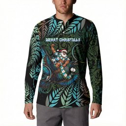 New Zealand Christmas Button Sweatshirt Santa Riding Tui Bird Silver Fern