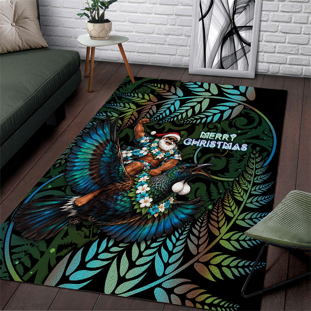 New Zealand Christmas Area Rug Santa Riding Tui Bird Silver Fern