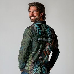 New Zealand Christmas Long Sleeve Polo Shirt Santa Riding Tui Bird Silver Fern