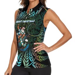 New Zealand Christmas Women Sleeveless Polo Shirt Santa Riding Tui Bird Silver Fern