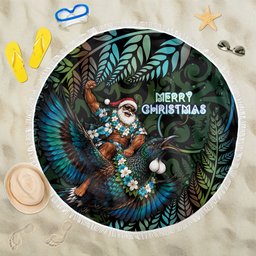 New Zealand Christmas Beach Blanket Santa Riding Tui Bird Silver Fern