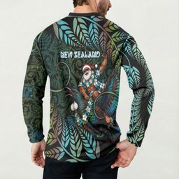 New Zealand Christmas Button Sweatshirt Santa Riding Tui Bird Silver Fern