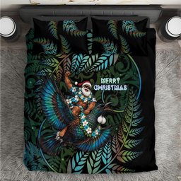 New Zealand Christmas Bedding Set Santa Riding Tui Bird Silver Fern