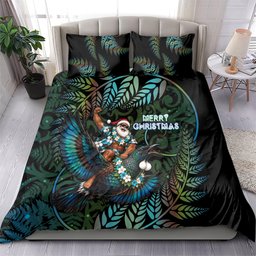 New Zealand Christmas Bedding Set Santa Riding Tui Bird Silver Fern
