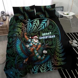 New Zealand Christmas Bedding Set Santa Riding Tui Bird Silver Fern