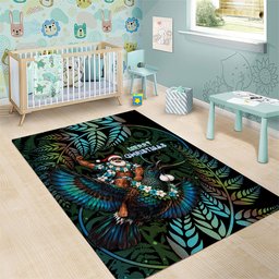 New Zealand Christmas Area Rug Santa Riding Tui Bird Silver Fern