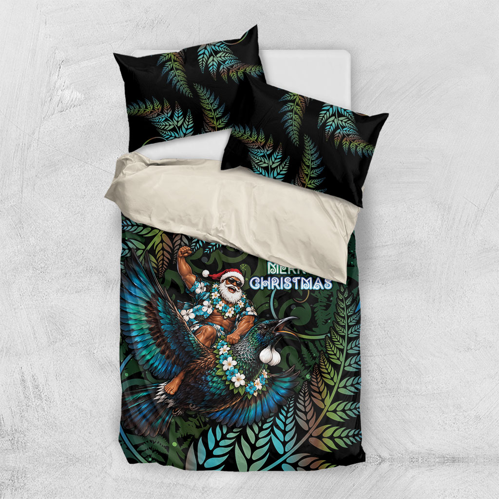 New Zealand Christmas Bedding Set Santa Riding Tui Bird Silver Fern