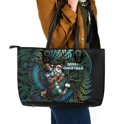 New Zealand Christmas Leather Tote Bag Santa Riding Tui Bird Silver Fern