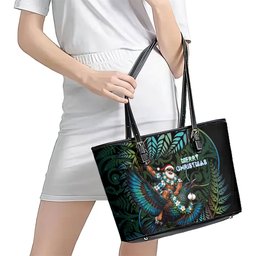 New Zealand Christmas Leather Tote Bag Santa Riding Tui Bird Silver Fern