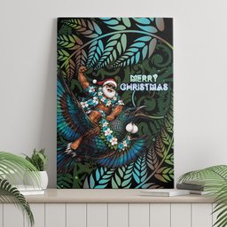 New Zealand Christmas Canvas Wall Art Santa Riding Tui Bird Silver Fern