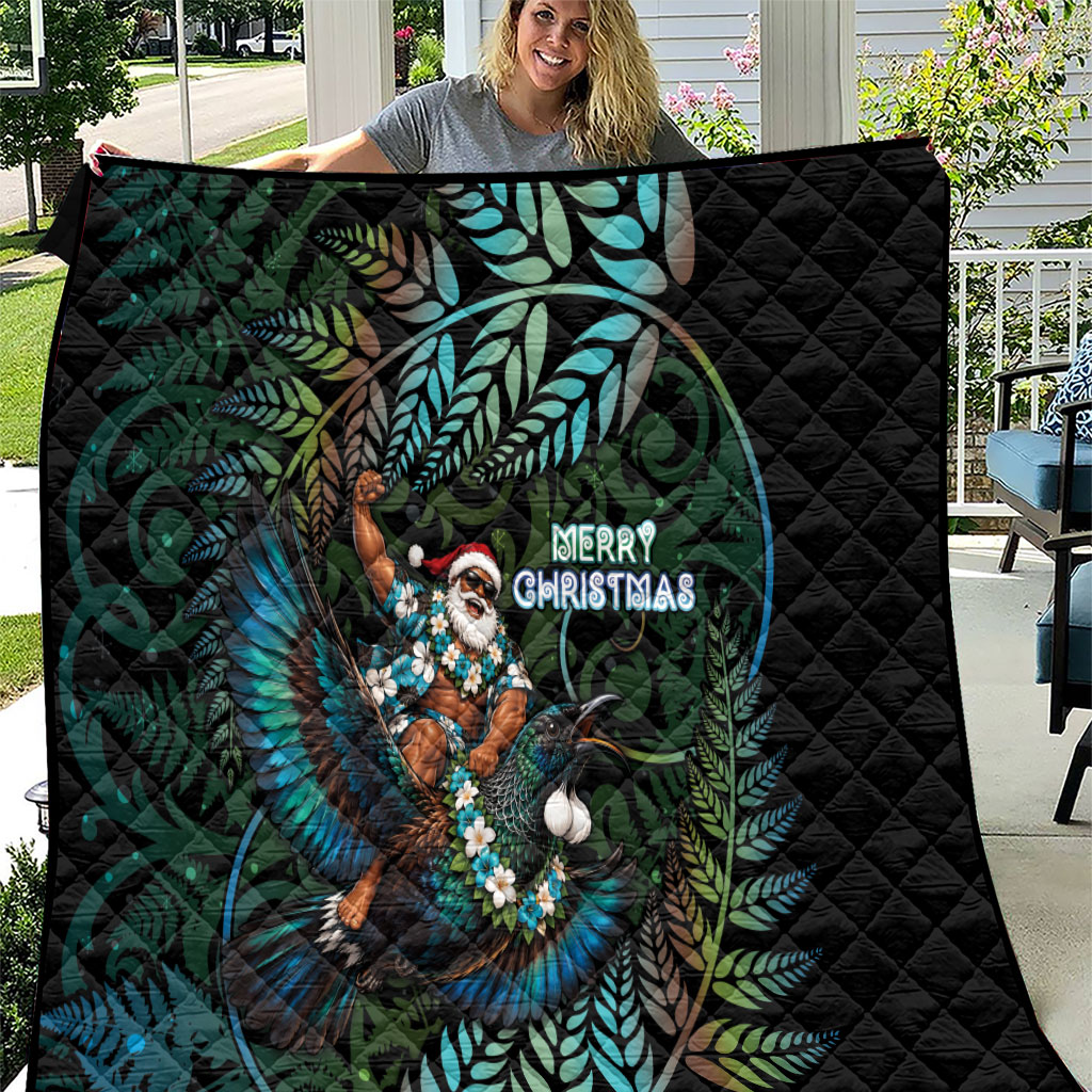 New Zealand Christmas Quilt Santa Riding Tui Bird Silver Fern