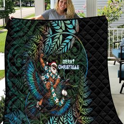 New Zealand Christmas Quilt Santa Riding Tui Bird Silver Fern