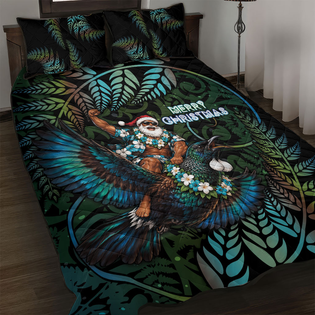 New Zealand Christmas Quilt Bed Set Santa Riding Tui Bird Silver Fern