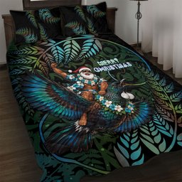 New Zealand Christmas Quilt Bed Set Santa Riding Tui Bird Silver Fern