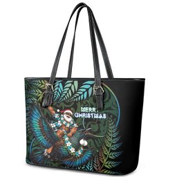 New Zealand Christmas Leather Tote Bag Santa Riding Tui Bird Silver Fern